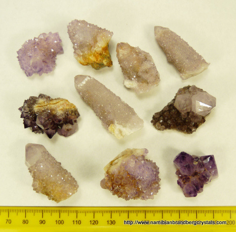 Ten cactus quartz specimens, including amethyst and smoky