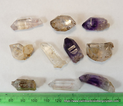 10 quartz crystals from Brandberg, including amethyst and windows