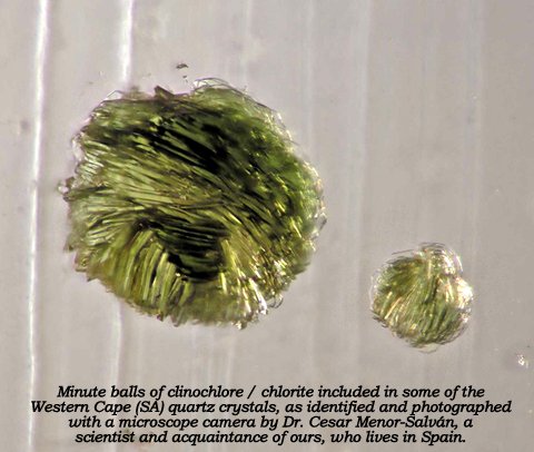 Minute balls of clinichlore / chlorite included in some quartz Minute balls of clinichlore / chlorite included in some quartz