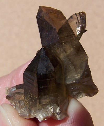 Smoky quartz crystal group with inclusions of schorl crystals