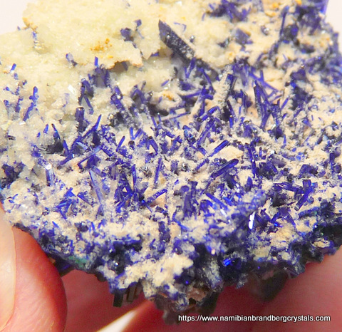 2-sided specimen of delicate, gemmy azurite crystals with malachite, calcite and duftite
