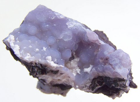 Layer of botryoidal, velvety blue chalcedony on matrix of manganese