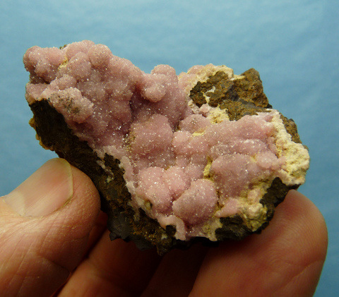 Drusy, botryoidal aggregates of rhodochrosite crystals on matrix